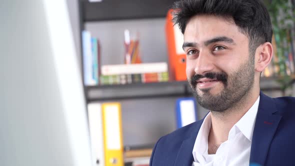 Office worker is satisfied with his job. alt