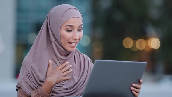 Muslim Young Woman Islamic Girl Student Businesswoman Lady Wearing Hijab Sitting Outdoors Making alt