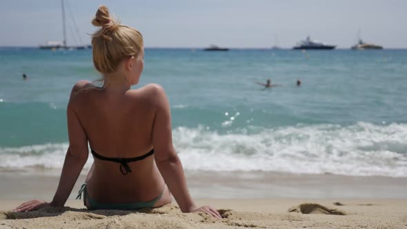 Beautiful  beach and blond woman slow motion 1920X1080 HD footage - Caucasian blonde girl on the Fre alt