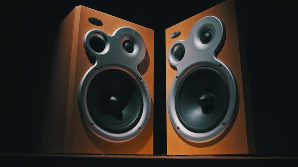Audio Speakers Vibrate From Sound Bass in Slow Motion on Black Background alt