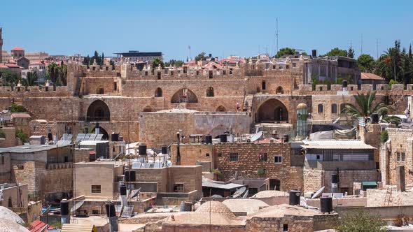 Skyline of the Old City in Jerusalem with Historic Buildings Aerial Timelapse Israel alt