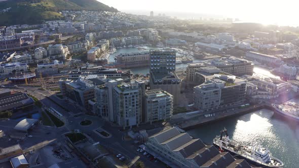 Aerial shot over the harbor district in Cape Town