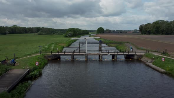 Wooden drawbridge at Velhorst Estate in the Achterhoek, Gelderland, the Netherlands alt