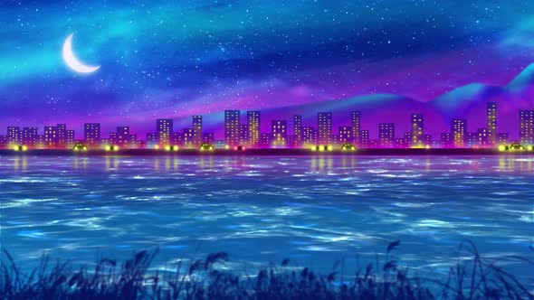 Retro City Over Ocean Landscape