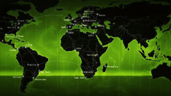 World map showing well known cities and times zones with connections. Green. Loopable. alt