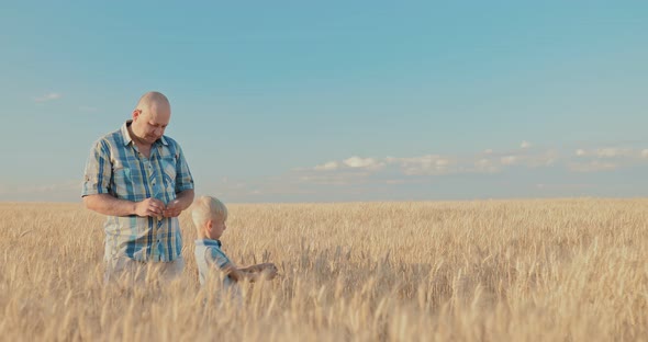 Farmer and His Son Walk Across the Field and Look Around