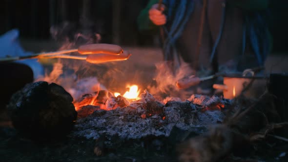 People Fry Sausages on a Fire in the Woods at Night. Close-up Hands