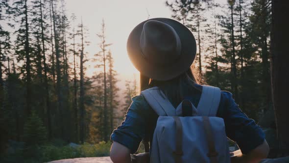 Back View Excited Female Tourist with Backpack Enjoying Amazing Sunsetd alt