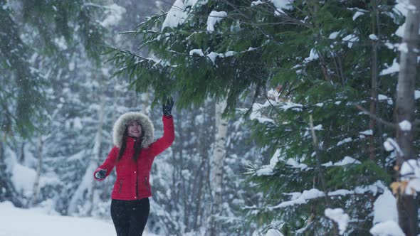Girl playing with a snowy branch alt