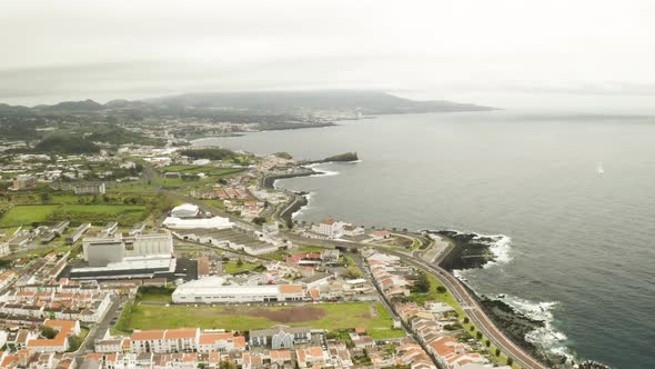 The town of Sao Roque in the Azores, aerial shot alt