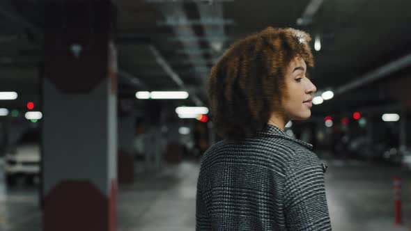 View From Behind Beautiful Young Girl Business Woman Lady African American Female with Curly Hair alt