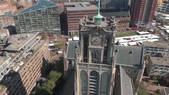 4k Circling Drone footage of the St. Laurenskerk the Great Church. City of Rotterdam, Netherlands alt