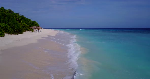 Wide angle aerial tourism shot of a sunshine white sandy paradise beach and blue sea background in v alt