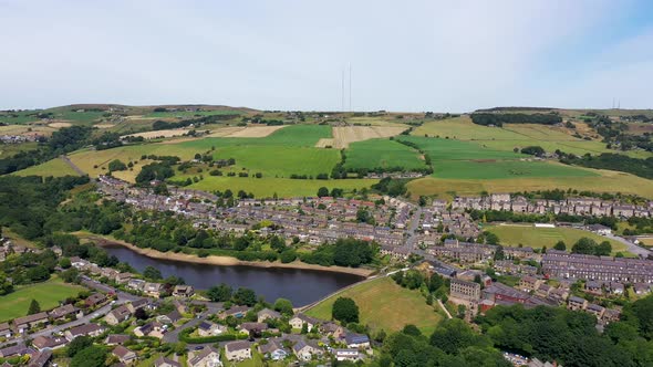 Aerial drone footage of a scenic view of the village of Slaithwaite in the town of Huddersfield
