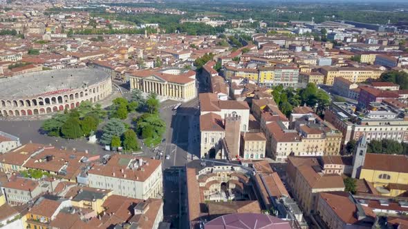 VeronaItalyFlying Over Historic City Center with Typical Apartment Rooftops Roman Colosseum Arena alt