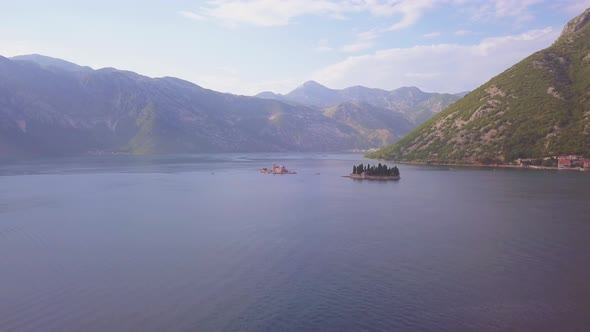 Aerial Footage of St. George and Monastery on the Islands Near Perast Town in Kotor Bay