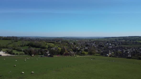Lambs In Field Chipping Campden Village Cotswolds Aerial Spring Landscape