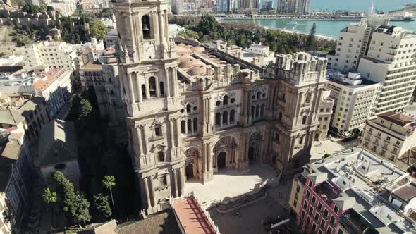 Main facade of the Catedral de la Encarnación de Málaga, Malaga Cathedral. Aerial view