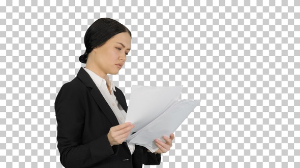 Serious Cute Businesswoman reading documents, Alpha Channel alt