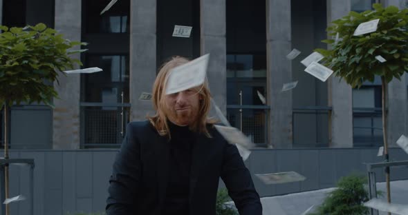 Crop View of Excited Businessman Dancing and Rejoicing While Standing at Street. Cheerful Man alt