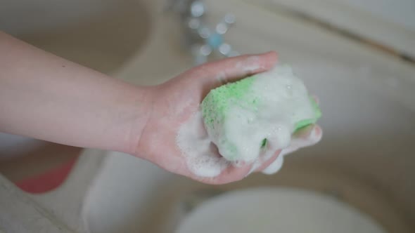 Foaming Dishwashing Detergent on Sponge in Female Caucasian Hand Closeup alt