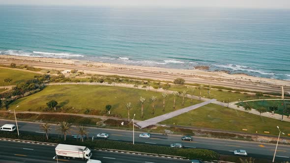Aerial View of City Traffic on the Coast in Haifa Israel alt