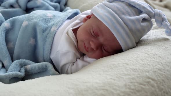 Closeup Newborn Baby Face Portrait Early Days Waking Up Open Eyes On 