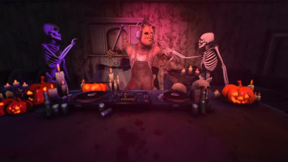 Butcher psycho killer DJ in a haunted house party alt