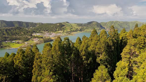 Aerial View of Lakes and Town on Sao Miguel Island, Azores, Portugal. Flying Over Lagoa Das Sete alt