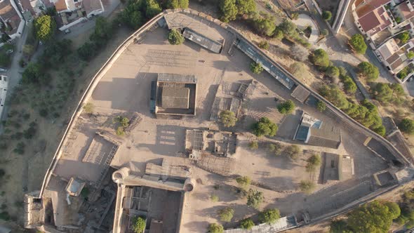 Spectacular vertical ascending shot above Castelo de Castro Marim Castle, Algarve, Portugal alt