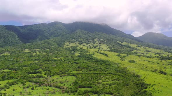 Exotic tropical landscape of the island of Saint Kitts, West Indies, in the Caribbean sea, with gree alt