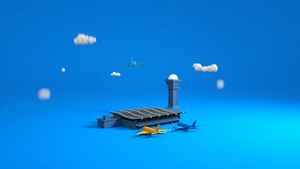 3D animation airport with planes on blue background