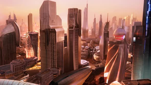 Aerial view of the futuristic cityscape. Metropolis is full of skyscrapers.
