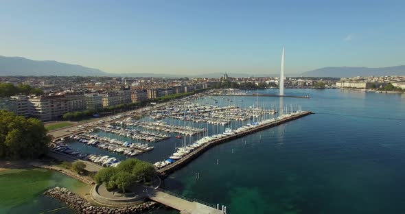 Geneva aerial drone, spring morning period with waterfountain 4K