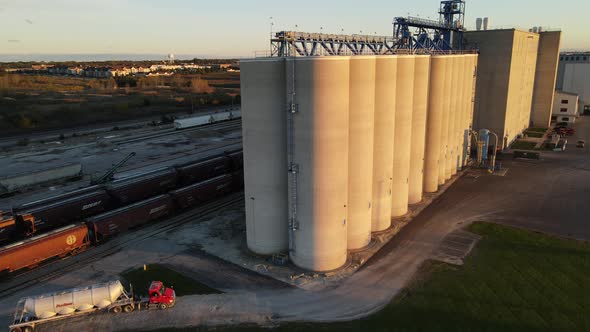 aerial view of grain elevator at dusk  in Kenosha Wisconsin