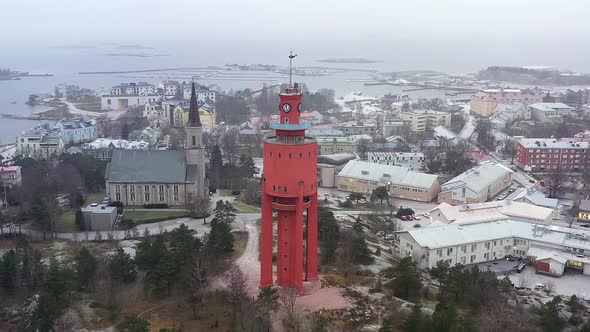 Beautiful Drone Shot of the Church and the Water Tower in Hanko Finland