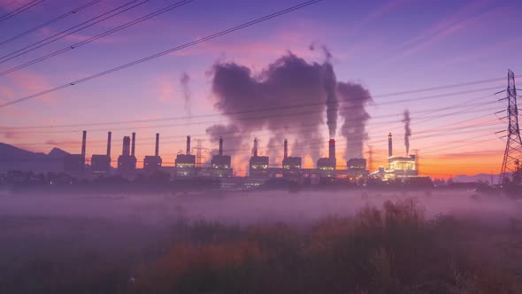 Industrial landscape, coal-fired power plants smoke alt