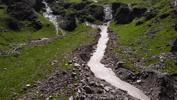 Glacial Waterfalls From The Mountains Near Stausee Wasserfallboden Lake In Kaprun, Austria. - Aerial alt