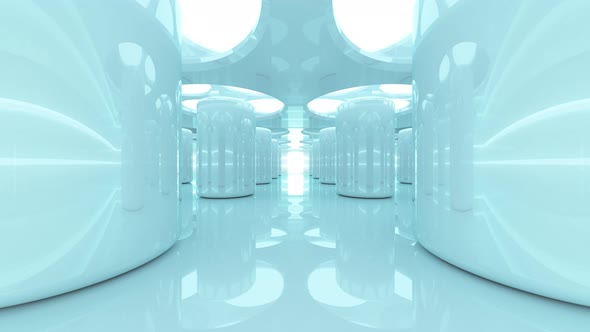 Futuristic abstraction of the future, 3d animation of glowing pillars with glow and reflections.