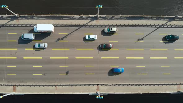 Bridge Over Water with Moving Cars, Top Down View
