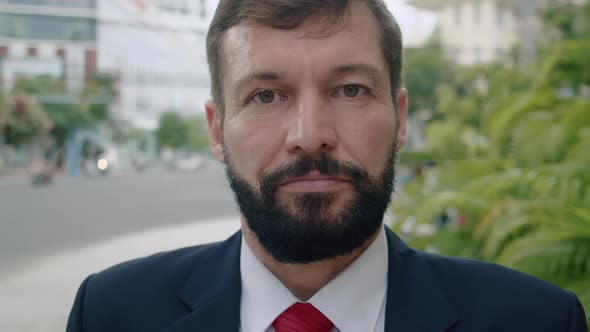 Close Up Portrait Handsome Bearded Senior Businessman Wearing a Medical Mask to Protect Against alt