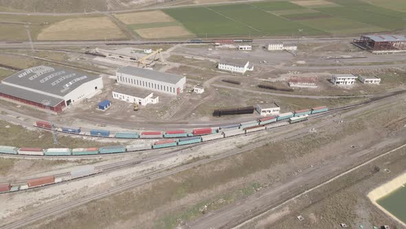 Samtskhe-Javakheti, Georgia - August 22 2021: Aerial view of Akhalkalaki railway station alt