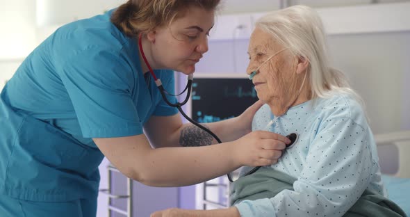 Old Woman Lying in Bed in Hospital Ward Being Examined By Doctor Using Stethoscope alt