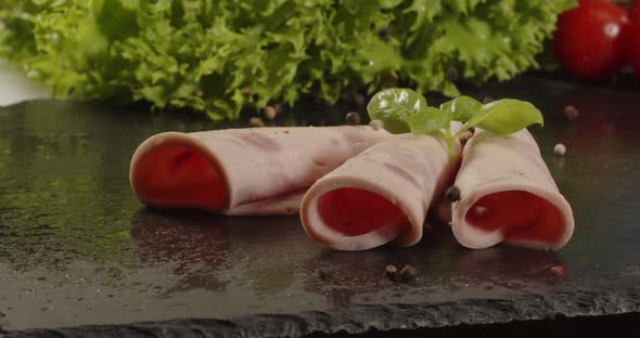 Meat Slicing. Thin Slices Of Sausage.