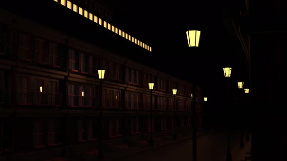 Abstract city landscape with an empty street decorated by two rows of lanterns alt