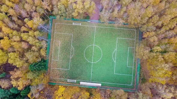 Football pitch surrounded by autumn yellow forest alt