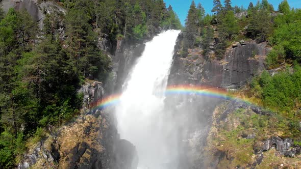 Latefossen Waterfall, Norway. A Beautiful Rainbow Is Seen Before a Stream of Falling Water alt