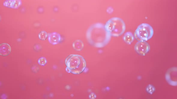 Beautiful Colored Soap Bubbles Fly Indoors on a Pink Background alt