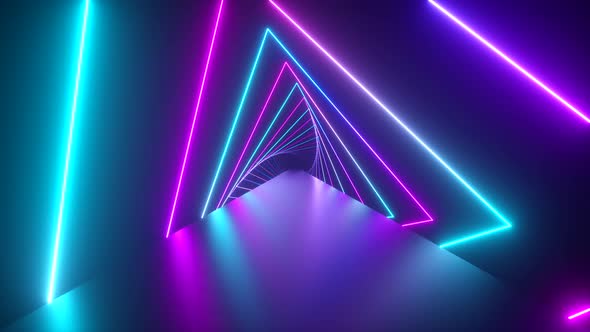Flying Through Glowing Rotating Neon Triangles alt