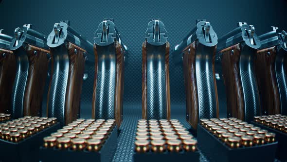 Shiny pistols with bullets. Guns. Munition depot. Ammo dump. Military equipment. alt